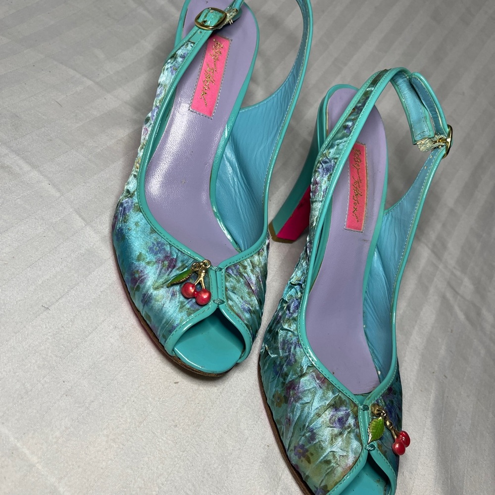 Betsey Johnson Turquoise Floral Heels with Cherry Charm